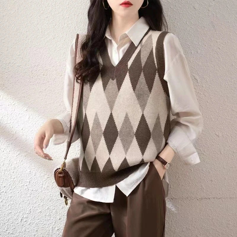 全身撞色菱形提花气质宽松V领针织衫秋冬无袖马甲毛衣背心外搭