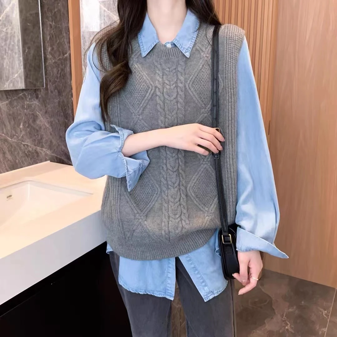春秋季文艺柔软菱格麻花针织马甲宽松圆领无袖叠穿毛衣背心坎肩女