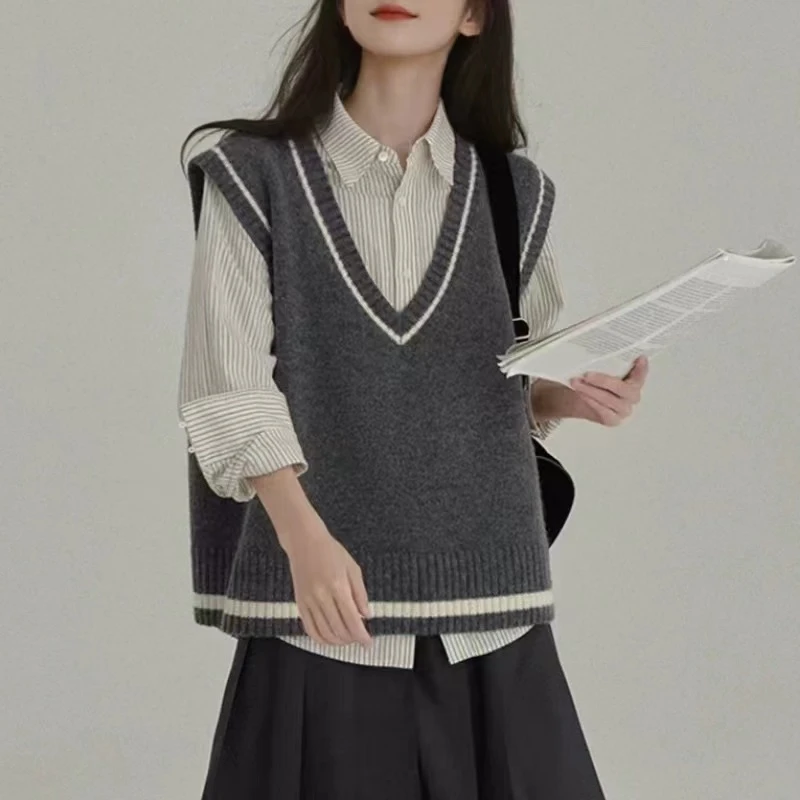 学院风v领针织背心马甲女秋冬韩系宽松慵懒叠穿坎肩毛衣上衣