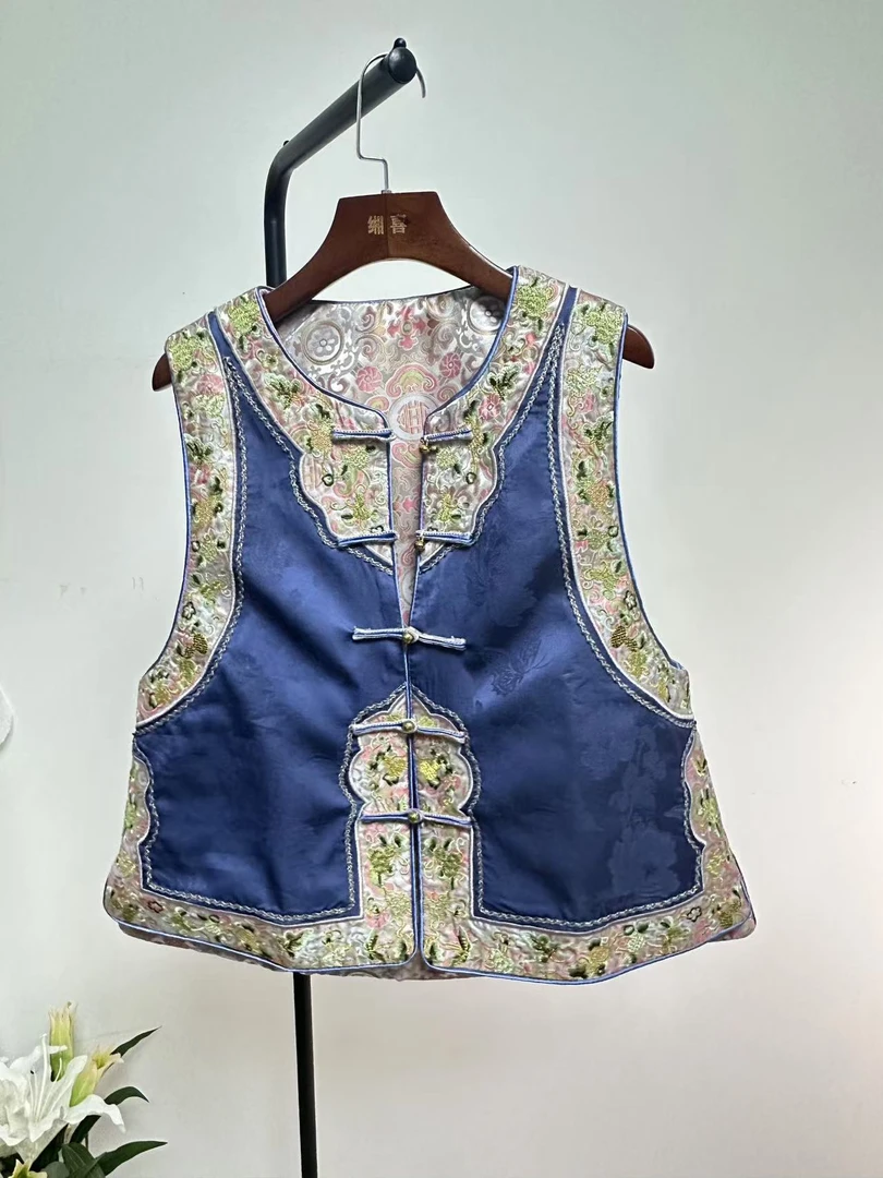 【格格】国风双面穿新中式刺绣织锦重工马甲圆领珠扣暗纹