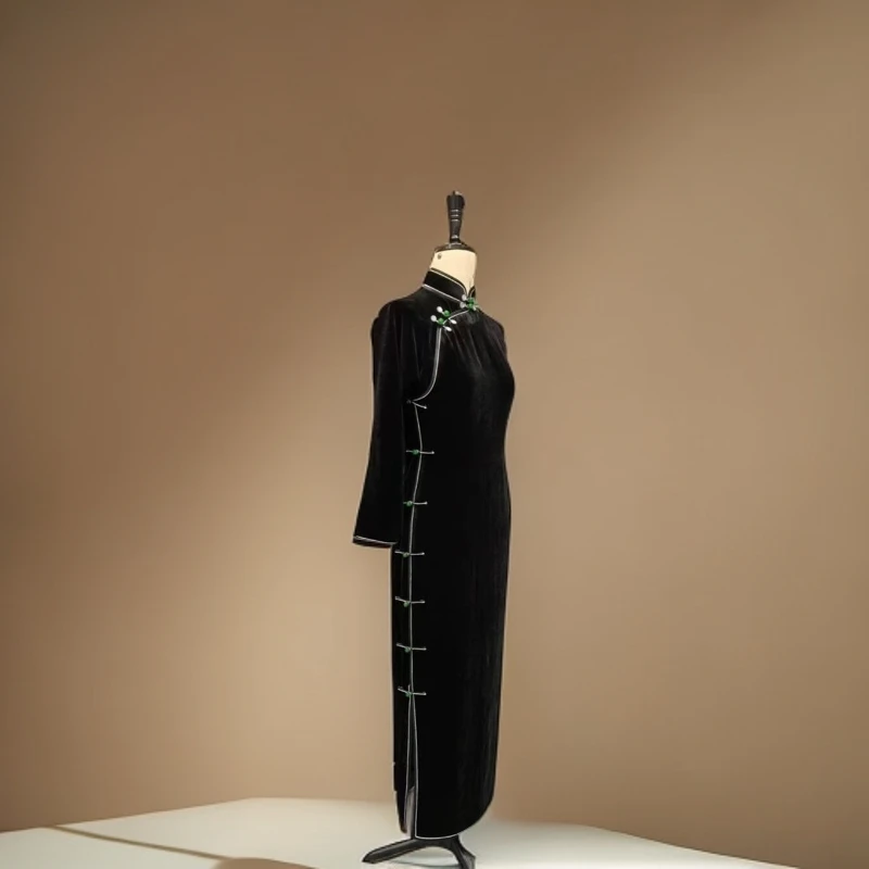 【有翡】桑蚕丝真丝丝绒全开襟古法手工旗袍衣长约130CM