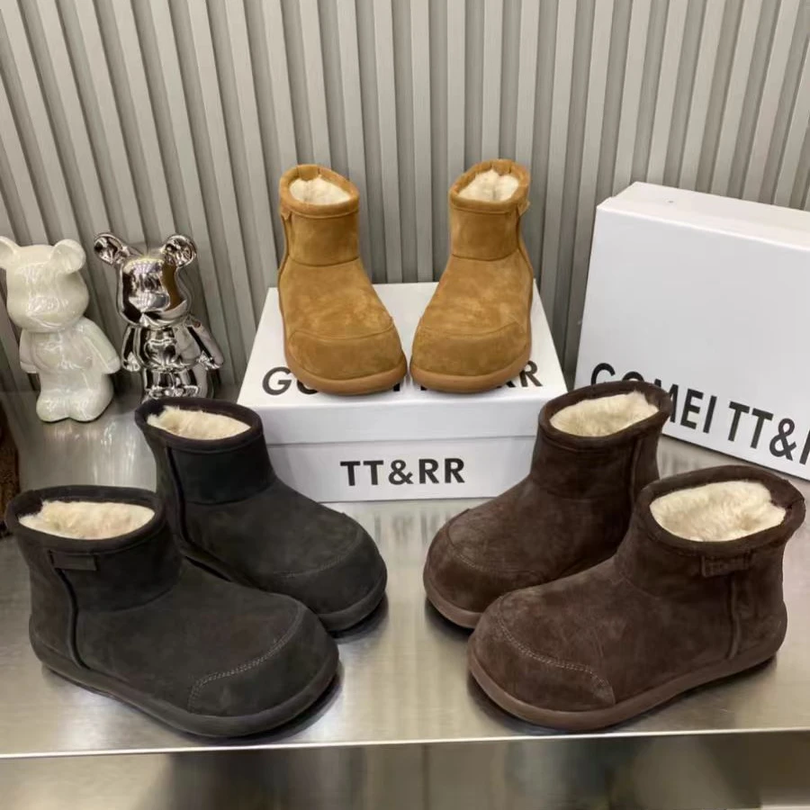 网红爆款雪地靴短靴头2024新款磨砂皮女鞋子厚底英伦风系带靴潮靴