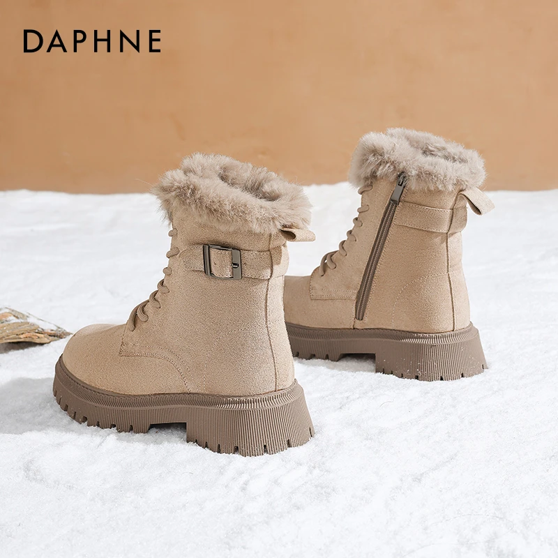 达芙妮加绒马丁靴女2025爆款秋冬厚底雪地靴绒面复古保暖登山短靴