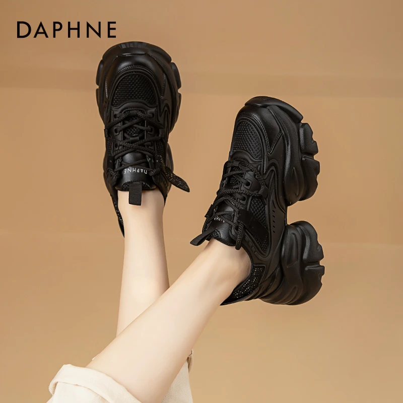 达芙妮黑色老爹鞋女2025爆款秋冬厚底增高百搭高级感黑武士运动鞋