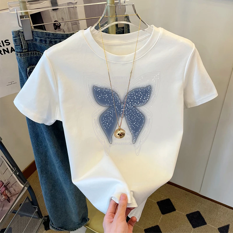 印花蝴蝶2025新款纯棉短袖t恤女宽松百搭夏学生休闲韩版男女同款