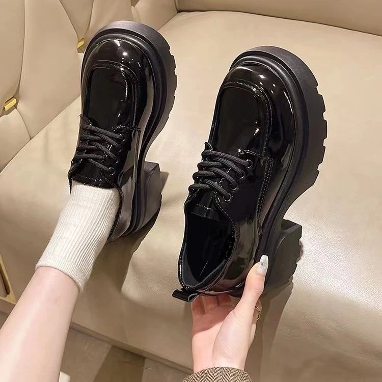 2025新款秋季小皮鞋女鞋厚底高跟英伦风黑色系带百搭乐福jk鞋子女