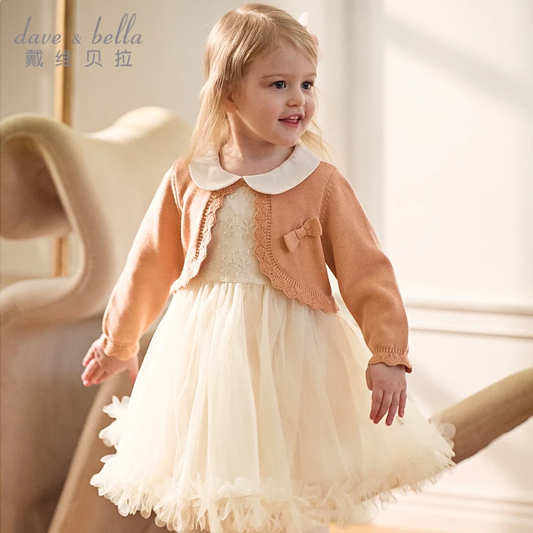 戴维贝拉儿童毛衣连衣裙女童蓬蓬裙女宝秋装假两件裙子DB3241294