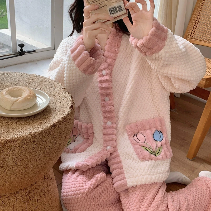 秋冬季冬天毛绒家居服珊瑚绒甜美风韩版睡衣保暖加绒女士家居服