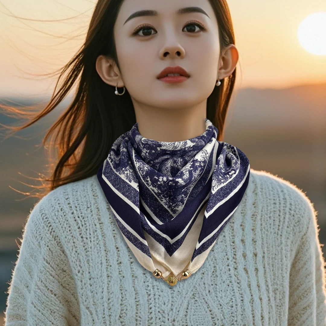 2024方巾围脖女水墨画新款磁吸扣冬天保暖护颈三角巾围巾