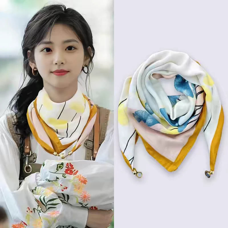 春夏新款印花磁扣小围巾女温柔时尚百搭护颈防晒方巾懒人丝巾围脖