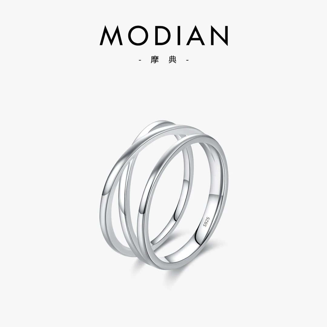 MODIAN/摩典 925银戒指 简约素圈几何线条戒指女三生三世情侣指环