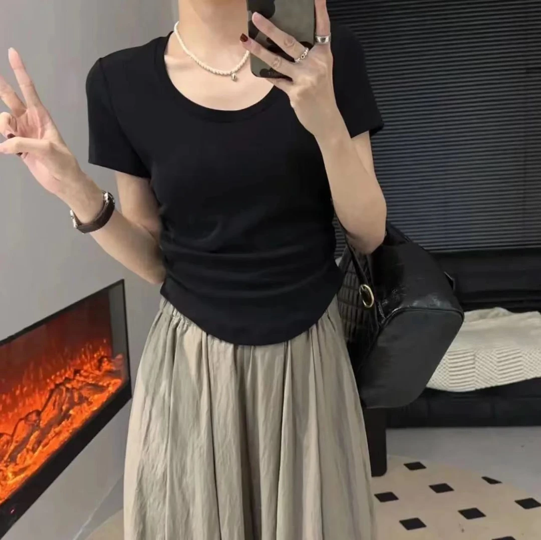 纯欲高级百搭夏季u型领短袖t恤女韩版修身显瘦上衣