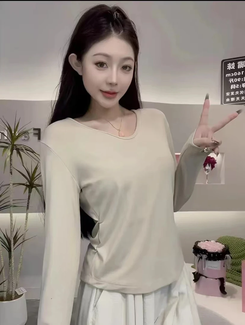 NINGNING秋季不规则设计感褶皱弧形下摆V领长袖T恤女修身显瘦上衣
