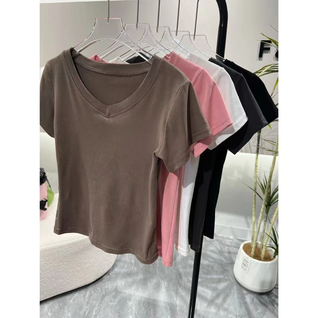 设计感夏季新款纯色v领正肩短袖t恤女百搭修身显瘦上衣