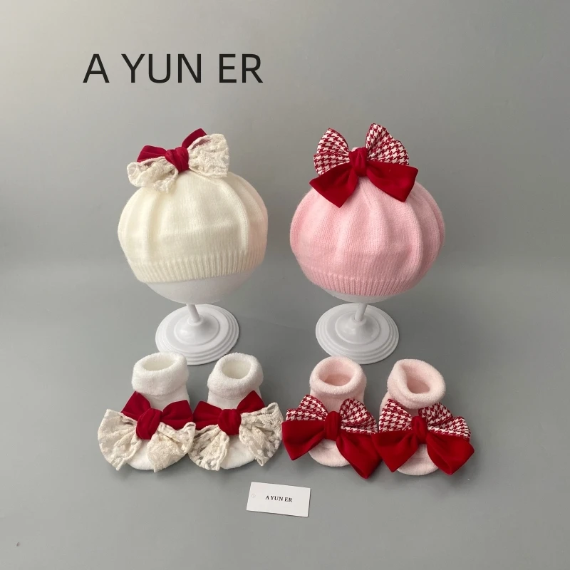 婴儿帽子秋冬款韩版洋气女童针织贝雷帽保暖公主女宝宝毛线帽套装