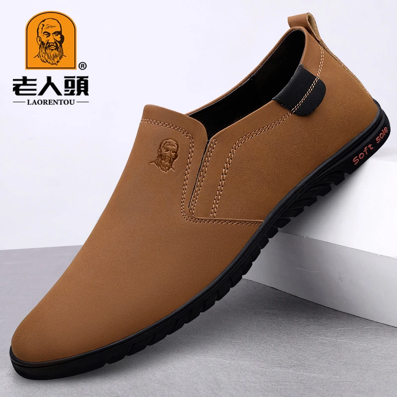老人头正品男鞋春季新款百搭休闲皮鞋男士软底透气套脚豆豆鞋真皮