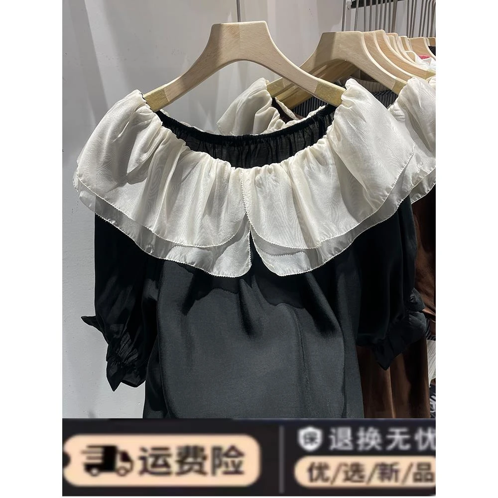 高级感遮肚子显瘦雪纺衫女短袖双层荷叶领一字肩娃娃衫上衣夏季薄