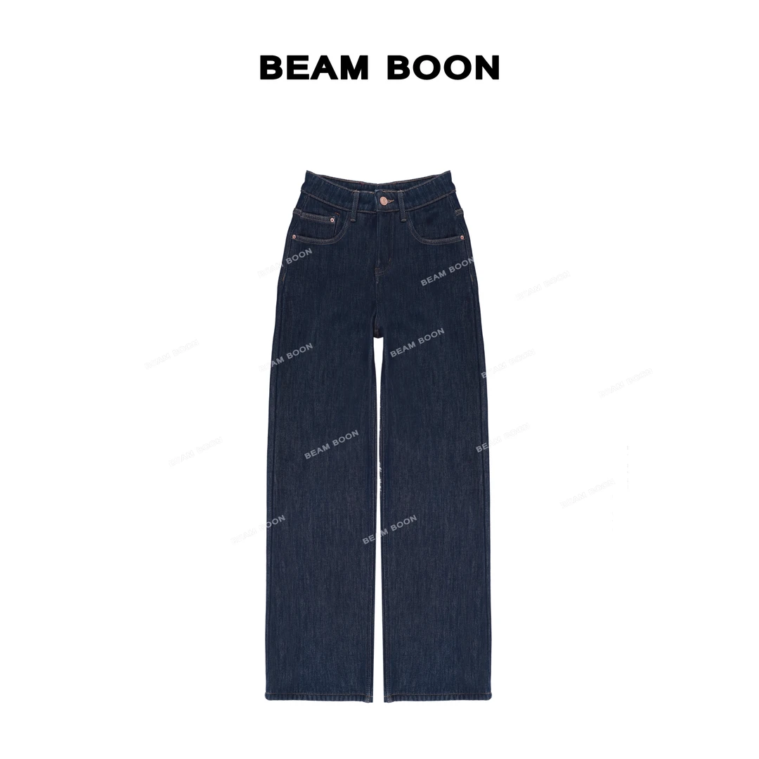 Beam Boon|【雅丹超模腿】温暖加倍复合绒四面弹明线高腰阔腿牛仔裤