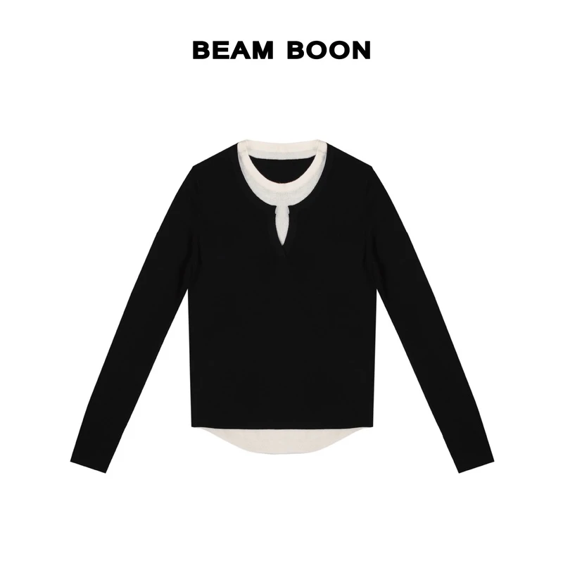 Beam Boon|【缪斯女主】软糯羊毛混纺撞色假两件层次感显瘦针织毛衣