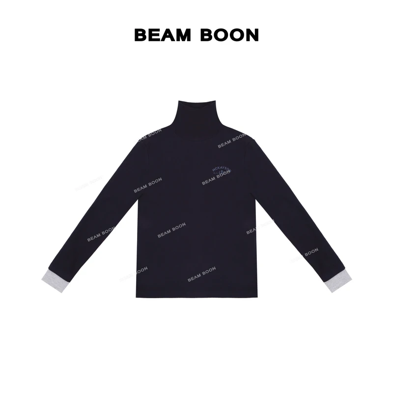 Beam Boon|【哈林顿打底】Mcka*超柔软糯拼接撞色高领修身显瘦上衣