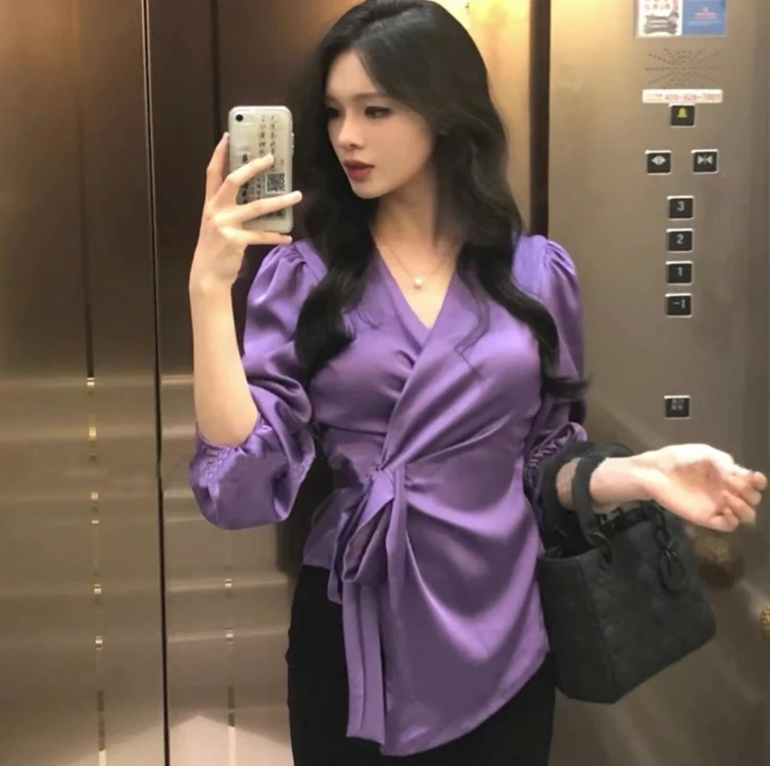轻熟风上衣女设计感绑带V领紫色衬衫法式收腰小众衬衣时尚56