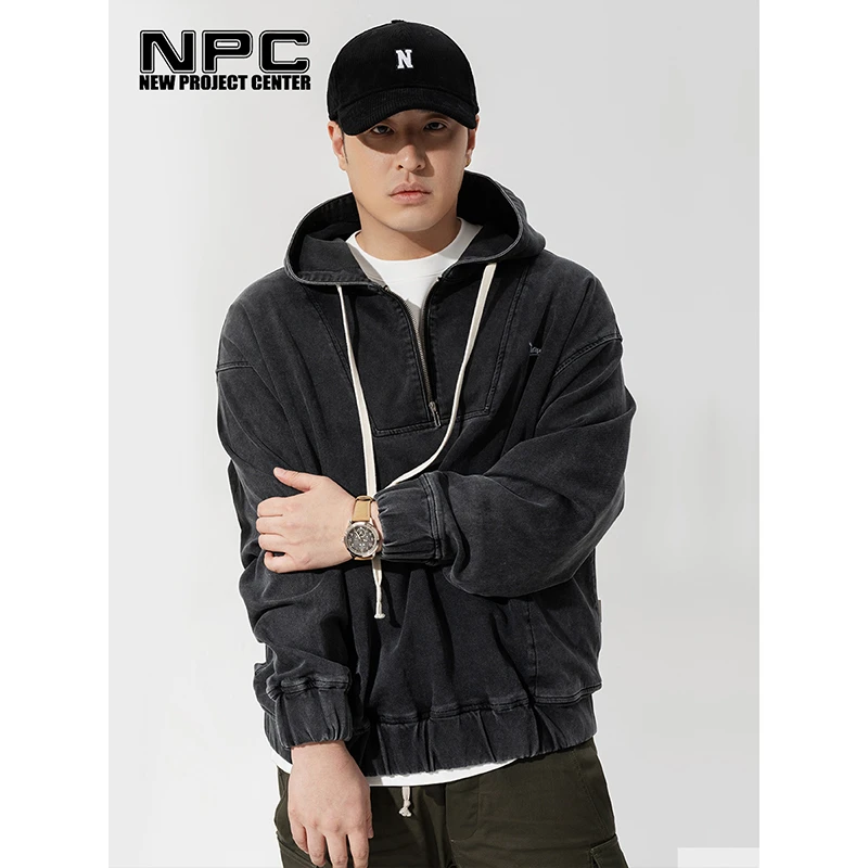 NPC潮牌潘玮柏同款半拉链连帽水洗牛仔卫衣秋季休闲上衣NP36ST30