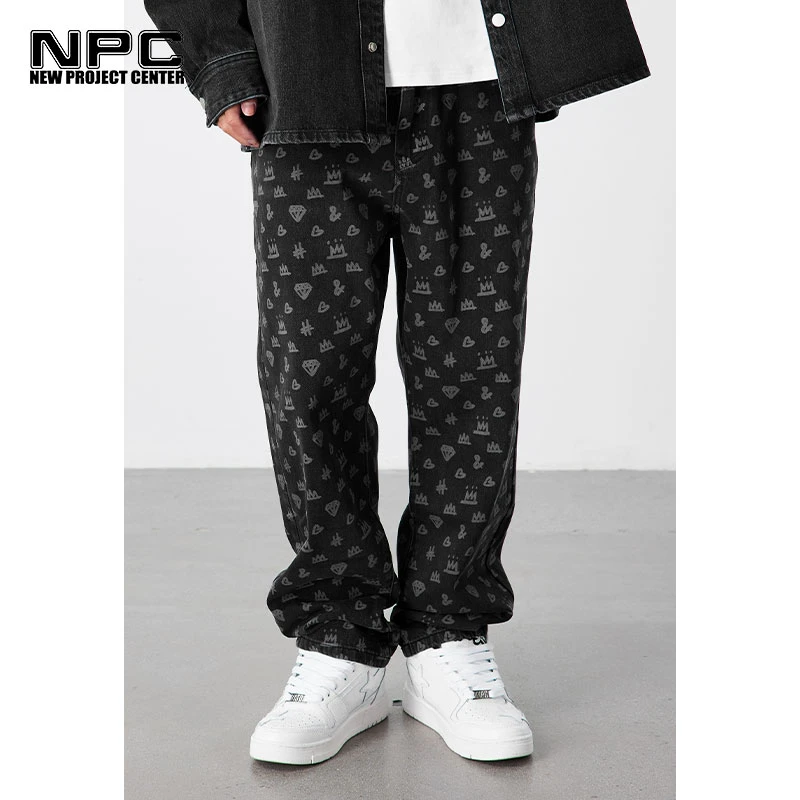 NPC潮牌石磨炒雪花满印老花水洗牛仔裤男女同款NP28DT17潮流裤子