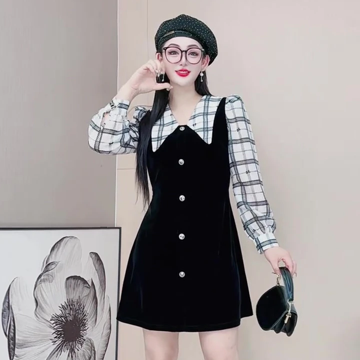 3559春秋假两件连衣裙女小众设计感复古韩系收腰气质打底裙大码