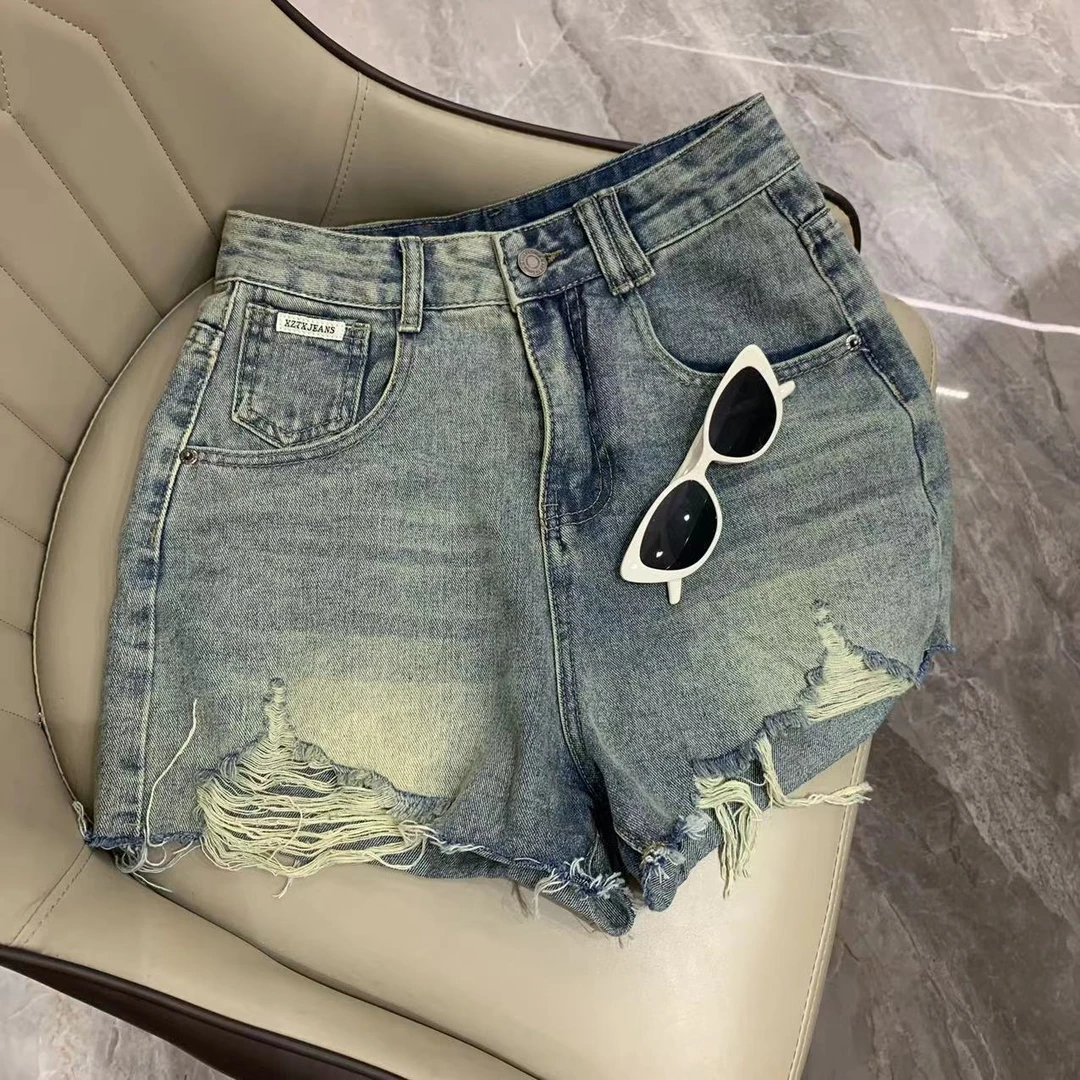 MAMIE【破洞牛仔】夏季复古小众显瘦阔腿简约百搭休闲毛边牛仔短裤