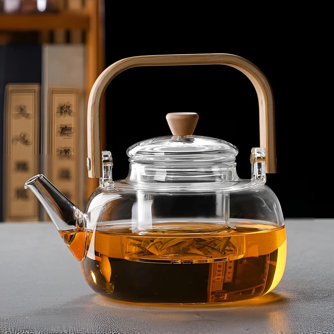 1000毫升煮茶壶泡茶壶大容量家用大号提梁壶加厚竹木把耐热玻璃壶