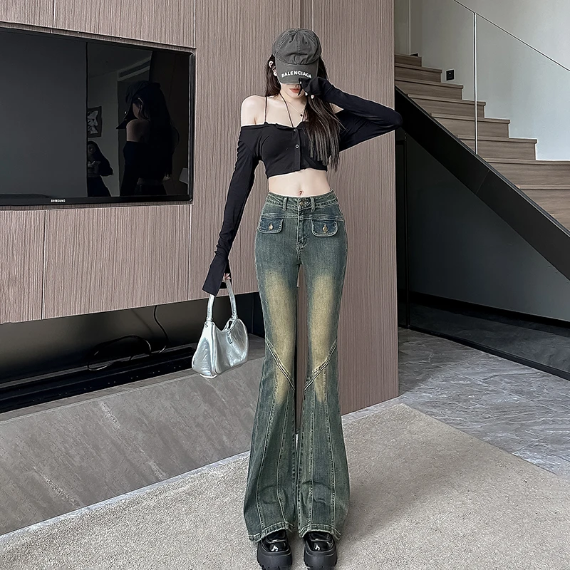 高腰微喇牛仔裤女秋季欧美街头复古修身显瘦辣妹性感喇叭长裤9636