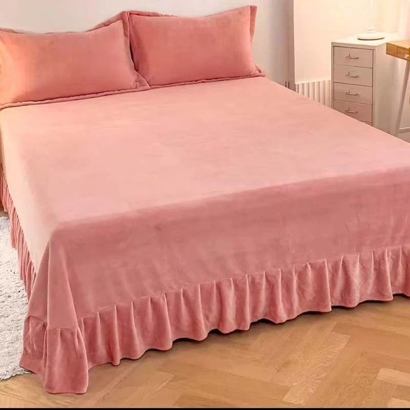 冬季加绒保暖床裙粉色大床床裙单件毛绒加厚奶绒水晶绒加大纯色06