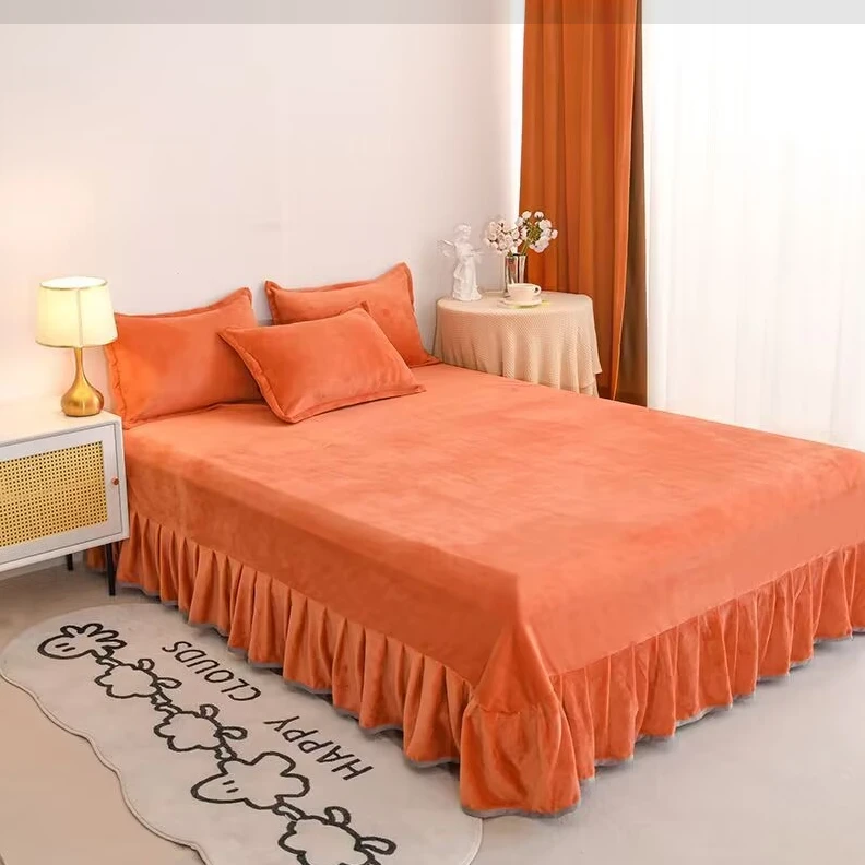 冬季加绒保暖床裙焦糖橙色床裙单件06