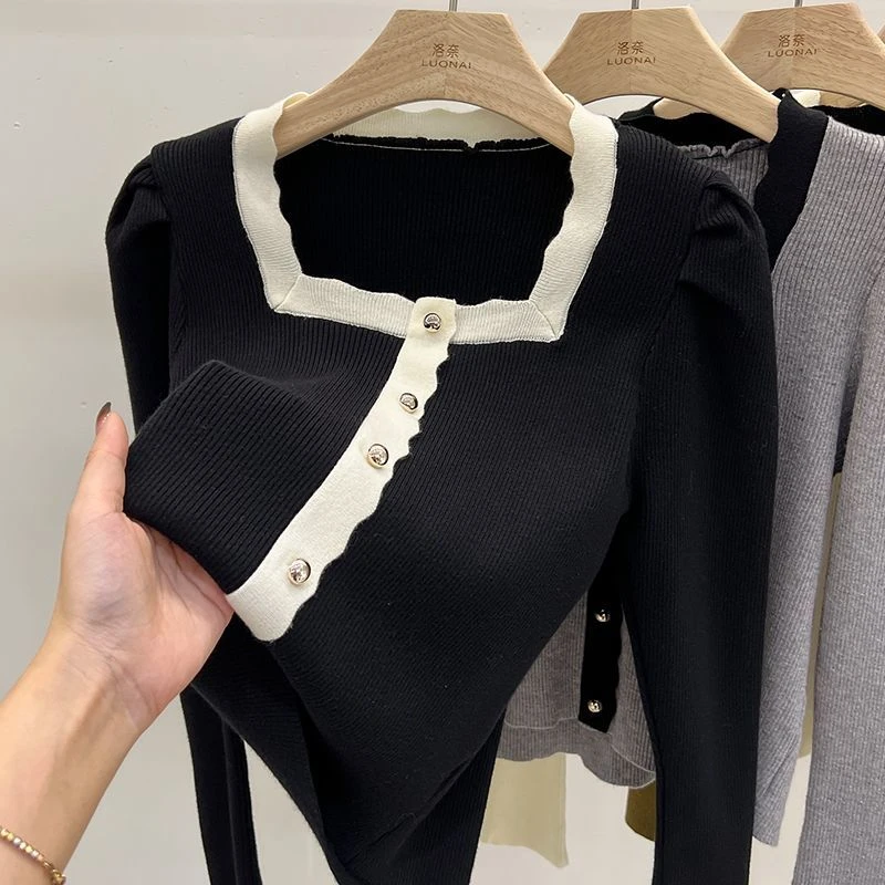法式纽扣螺纹方口领针织衫2023春季新款设计感小众修身百搭打底衫