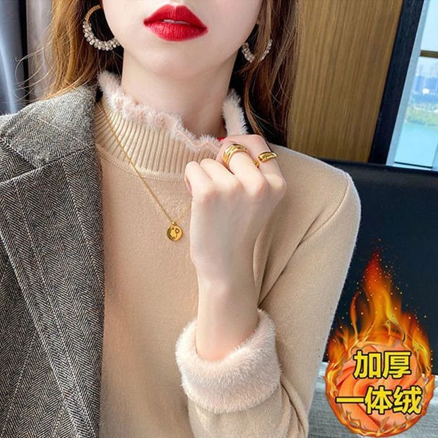 新款纯色秋冬内搭保暖洋气毛衣女一体绒半高领加绒加厚打底衫
