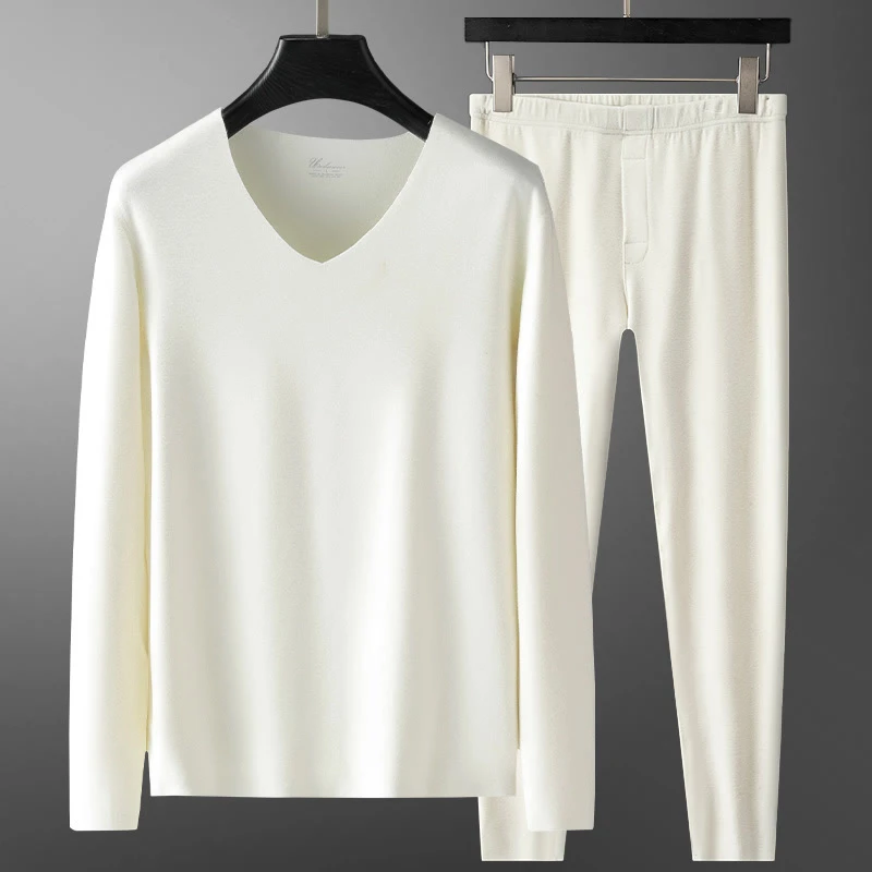 羽毛蛋白保暖内衣男士套装冬季V领无痕打底衫男加厚德绒秋衣秋裤
