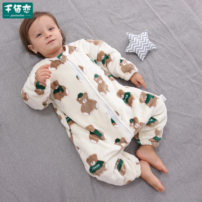 婴儿睡袋儿童秋冬季加厚法兰绒小孩家居服睡衣新款宝宝分腿防踢被