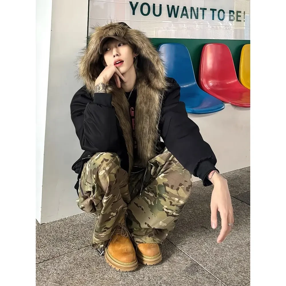 下架  座山雕毛领连帽棉衣男冬季美式潮流工装棉服黑色外套学生