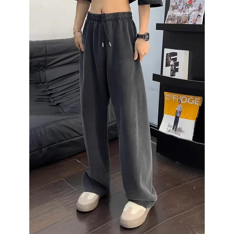 水洗做旧显瘦卫裤男冬季高街直筒垂感阔腿裤子美式潮牌运动休闲裤