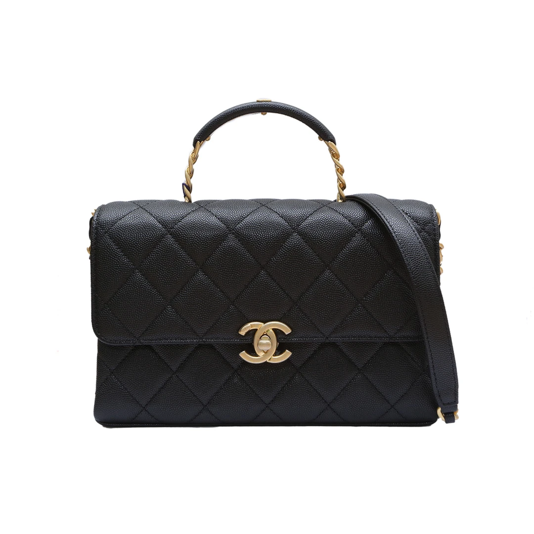 全新未使用 Chanel/香奈儿 小花6娜TP021710手柄风琴包 22cm 黑色