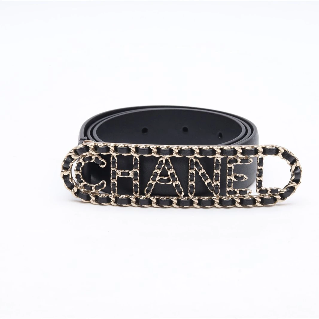 99新 Chanel/香奈儿 小花6枫皮穿链字母logo腰带 黑色 皮革C 80cm