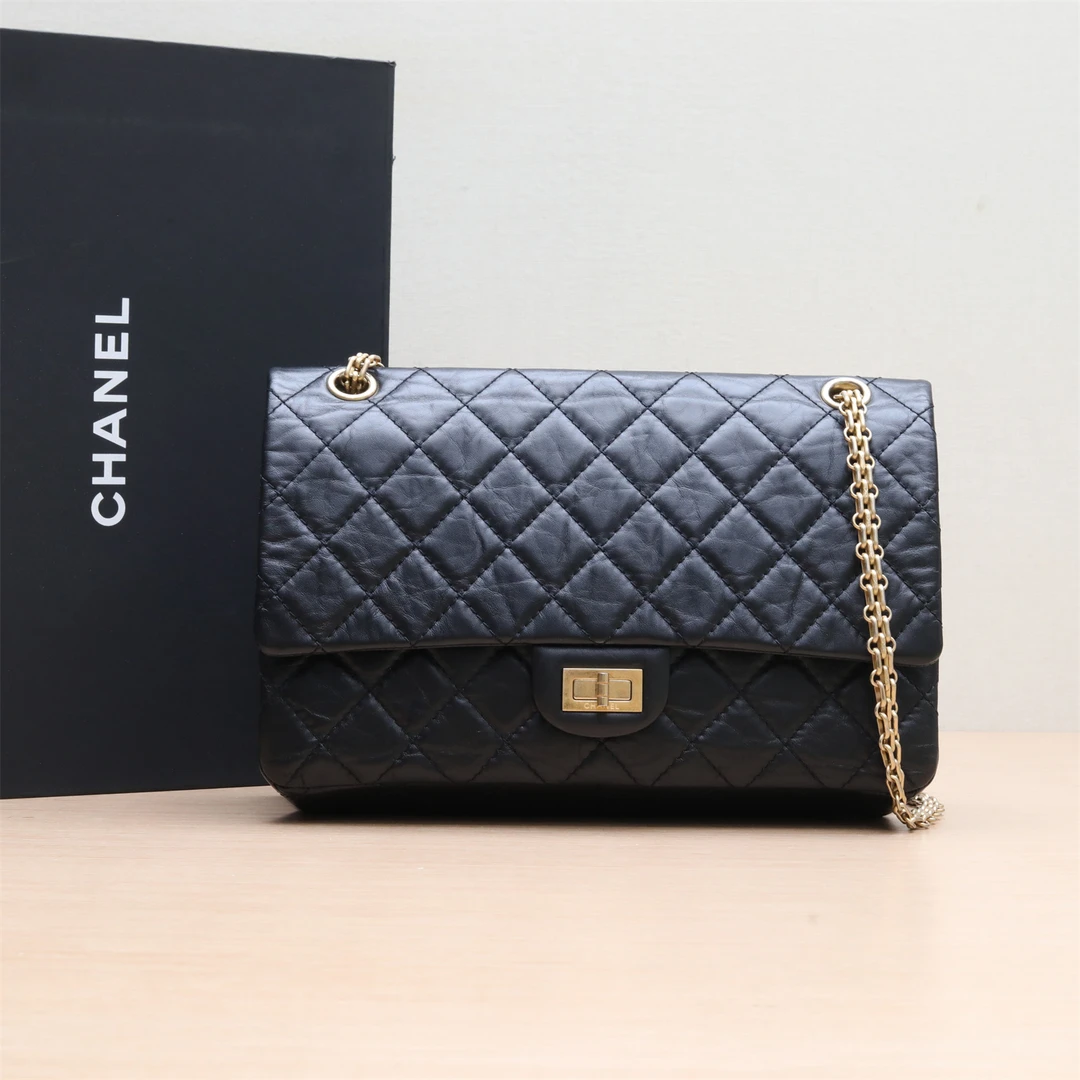 99新 Chanel/香奈儿 小花6欢 2.55 口盖包 大号 28cm 黑色 27开