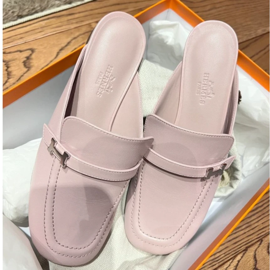 全新未使用 Hermes/爱马仕 小花6枫 粉色 穆勒拖鞋 35.5码