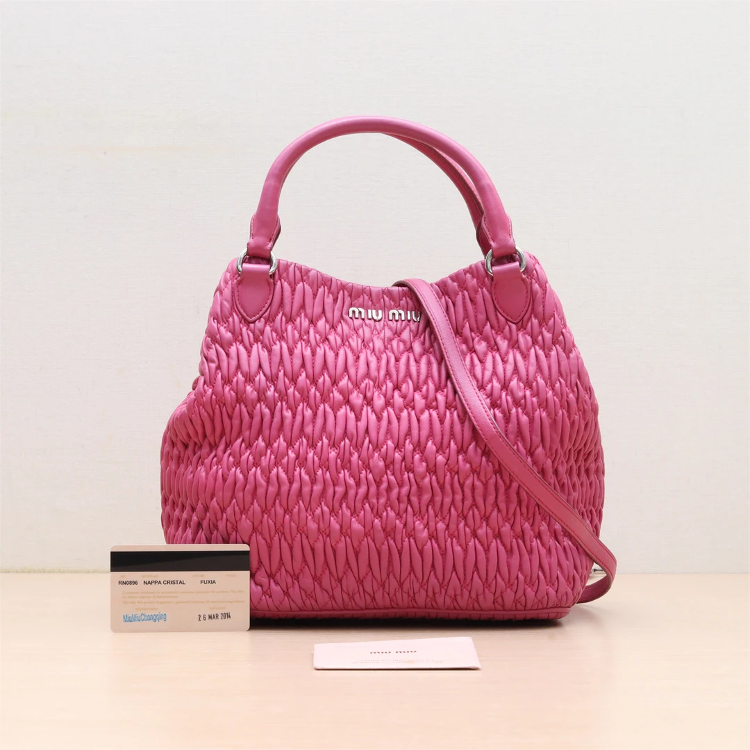 95新 MIU MIU/缪缪 -100 小花6娜 褶皱 菜篮子 手提包 桃红色