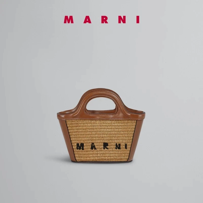 全新未使用 MARNI 小花6娜TP005578刺绣 菜篮子 斜挎包 MIN 金棕