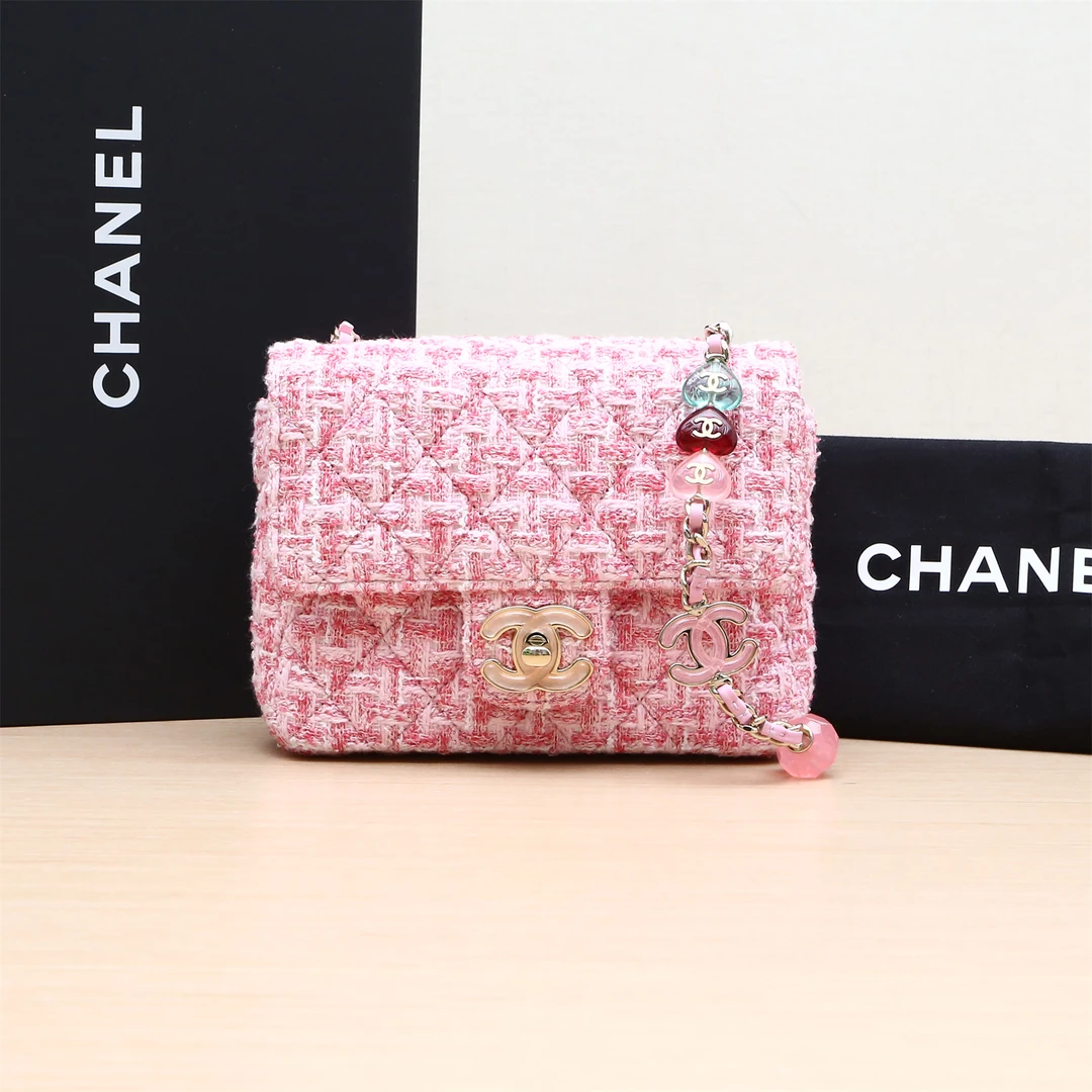 99新 Chanel/香奈儿 小花6娜P234348568口盖包粉色 粗花呢 芯片开