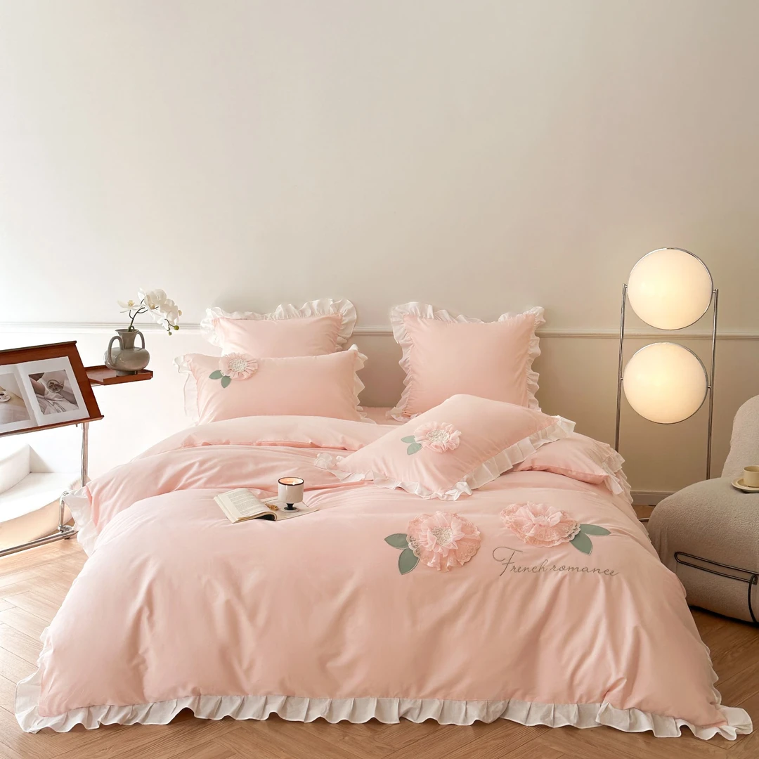 真珍严选 ┃ 蔷薇 新款韩式公主风少女心荷叶边绣花全棉床盖四件套
