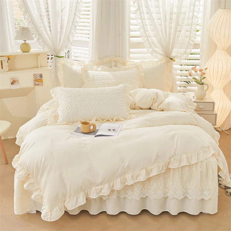 真珍严选 ┃ 初忆 秋季新款韩版全棉夹棉加厚纯色公主风四件套