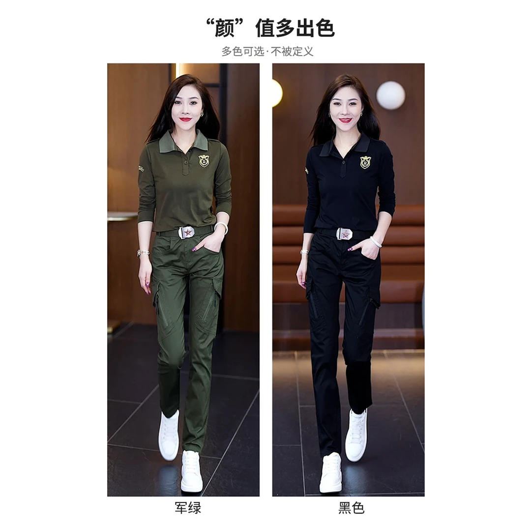 时尚长袖休闲迷彩服套装翻领春秋工装新款长裤减龄显瘦两件套