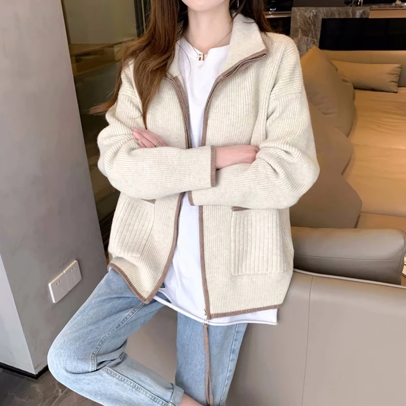 慵懒风针织外套女春秋款2023新款爆款时尚洋气拉链宽松毛衣开衫潮